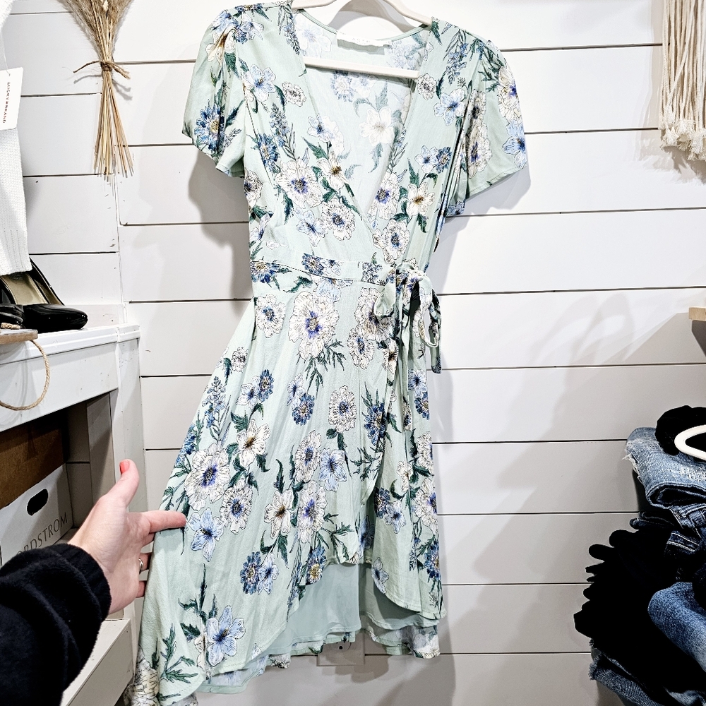 Floral Wrap Midi Dress in Mint Green
